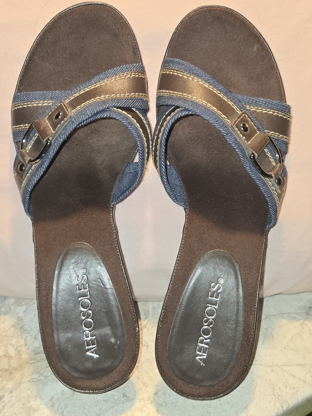 AEROSOLES Brown and Blue Buckle Slide Mules